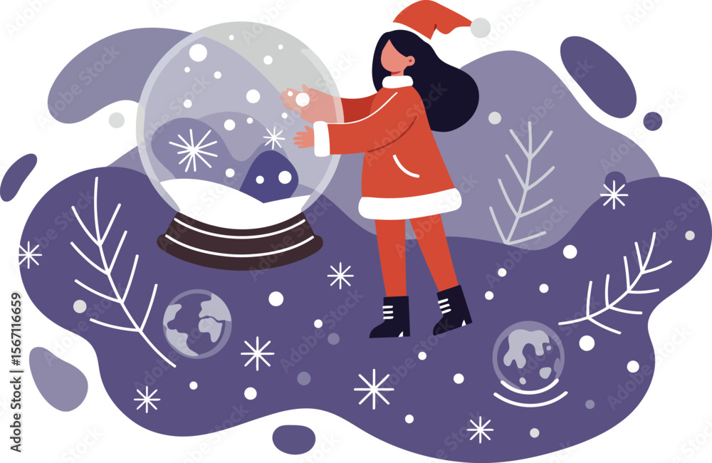 Naklejka premium Woman in Santa outfit interacting with snow globe winter holiday decoration in festive scene 