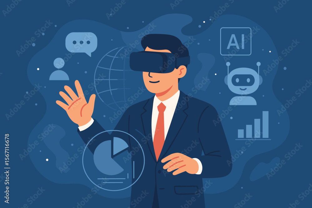 Businessman Using VR Headset for Virtual Reality Marketing and Data Visualization, AI Chatbot and Metaverse Technology, Augmented Reality, Digital Transformation, Future Business Innovation Businessman Using VR Headset for Virtual Reality Marketing and Data Visualization, AI Chatbot and Metaverse Technology, Augmented Reality, Digital Transformation, Future Business Innovation