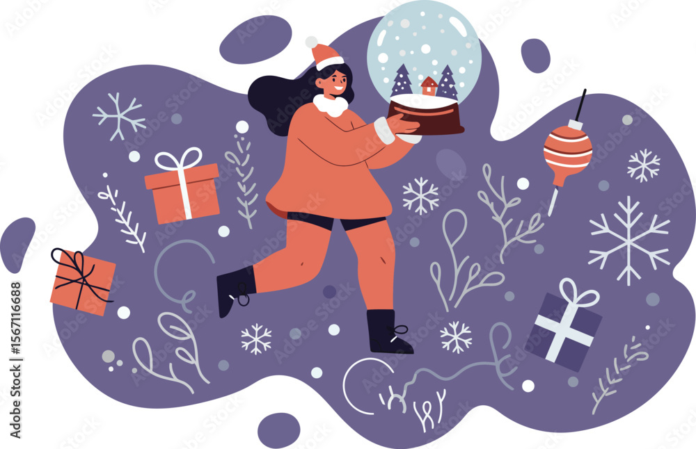 Naklejka premium Santa Claus holding a snow globe with Christmas gifts and decorations in purple background illustration 