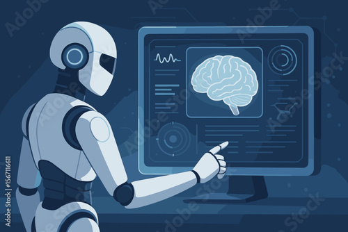 Futuristic Robot Analyzing Human Brain Scan on Digital Interface, Artificial Intelligence, Neural Network, Medical Technology, Science Innovation, Computerized Brain Testing, Vector Illustration
