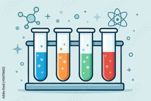 Colorful laboratory test tubes with chemical liquids, science experiment background, flat cartoon vector illustration. Chemistry, research, education, molecular structure, scientific analysis concept