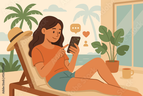 Woman Relaxing on Vacation Using Smartphone for Social Media, Remote Work, Online Communication, Digital Lifestyle, Summer Leisure, Social Distancing, Home Office, Tropical Resort