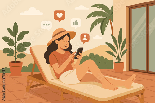 Woman relaxing on sun lounger using smartphone, social media interaction, online communication, remote work, summer vacation, outdoor terrace, digital lifestyle, modern technology concept