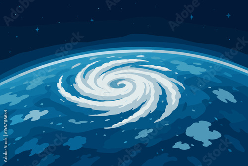 Satellite view of swirling hurricane cyclone storm system above blue planet Earth, outer space atmosphere, dramatic weather, spiral clouds, modern flat vector cartoon illustration, no text