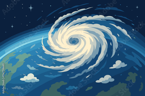 Massive hurricane cyclone storm swirling over blue planet Earth seen from space, atmospheric weather disaster, satellite view, spiral clouds, climate change concept, modern flat vector illustration