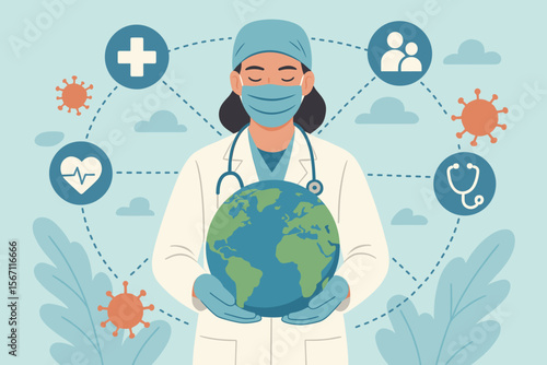Global healthcare hero concept. Female doctor holding Earth globe. Medical professional fighting pandemic. Virus, health, stethoscope, cross, heart, family icons. Medicine, safety, protection.