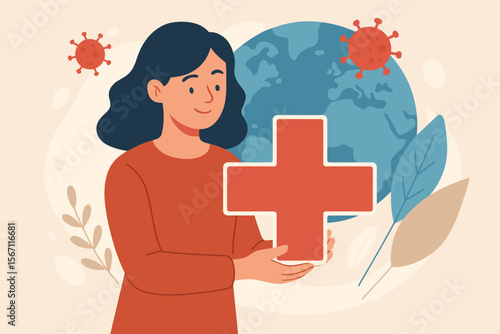 Woman Holding Medical Cross Symbol, Global Healthcare Awareness, Virus Pandemic Prevention, Promoting Health Protection, Public Safety, Modern Flat Vector Illustration