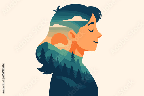 Double exposure silhouette woman with mountain landscape, pine trees, and sunset. Nature adventure, hiking, travel concept. Modern flat vector illustration. Outdoor exploration, mindfulness, freedom.