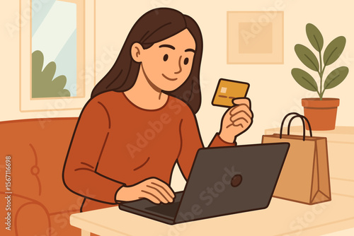 Woman Online Shopping at Home with Gold Credit Card and Laptop, Modern Flat Vector Illustration, E-commerce Payment, Digital Purchase, Cozy Living Room, Shopping Bags, Cashless Transaction