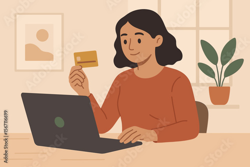 Woman making online payment at home with gold credit card and laptop, internet banking, e-commerce shopping, secure transaction, modern flat vector illustration, digital finance concept