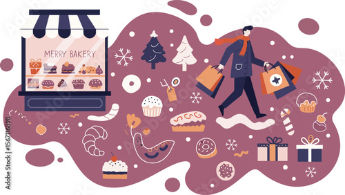 Online shopping concept with laptop and man carrying shopping bags surrounded by festive holiday items and decorations 