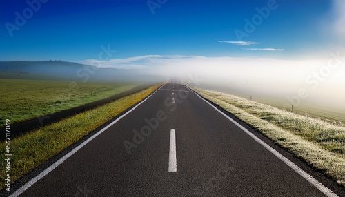 Wallpaper Mural foggy haze blankets the landscape as the empty road stretches towards the horizon under a bright blue sky Torontodigital.ca