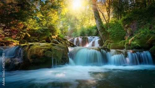 cascading waterfall in enchanted forest nature photography tranquil scene soft lighting serene atmosphere