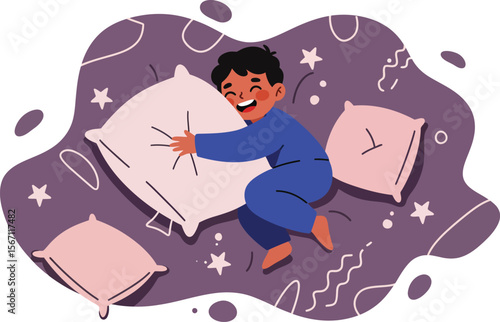 Boy in Blue Pajamas Jumping on Bed with Pillows and Stars Background Illustration 