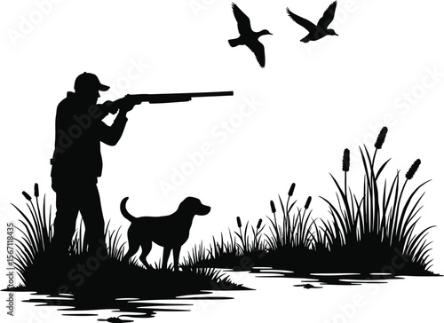 Hunter silhouette with dog and ducks in marsh silhouette