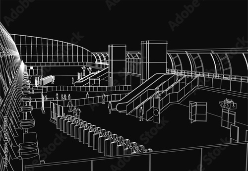 A black and white drawing of a large airport terminal with people walking around it. The dark background creates a mysterious atmosphere, emphasizing the architectural details.