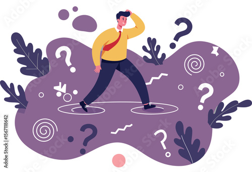 Confused man standing on abstract purple background with question marks and swirling lines expressing uncertainty and doubt 