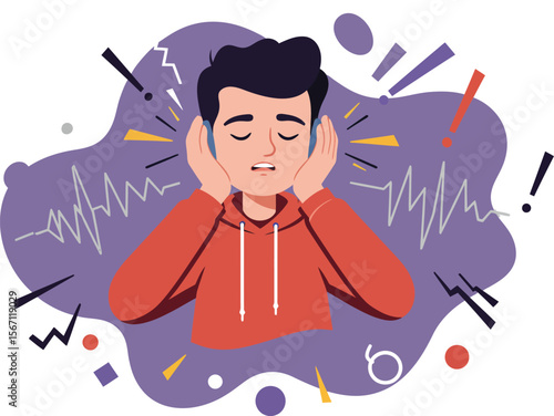 Young man covering ears overwhelmed by noise and stress in casual red hoodie vector illustration 