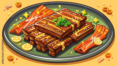 Korean BBQ Short Ribs (Galbi) in American style, laid out with sesame glaze and cross-cut bone, shine with soy-brown tones and visible grill marks.