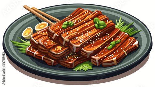 Korean BBQ Short Ribs (Galbi) in American style, laid out with sesame glaze and cross-cut bone, shine with soy-brown tones and visible grill marks.
