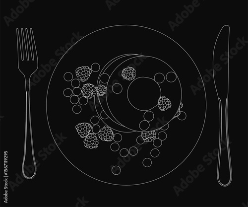A plate filled with assorted fruits, vegetables, grains, and cookies sits on a black background. A fork rests to the left and a knife to the right. The vibrant colors of the fresh ingredients.