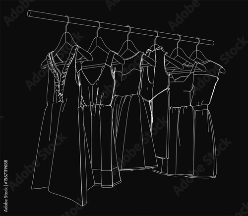 A row of elegant dresses hangs neatly on a clothes rack, depicted in clean line drawing style. The black background highlights the minimalist fashion illustration.