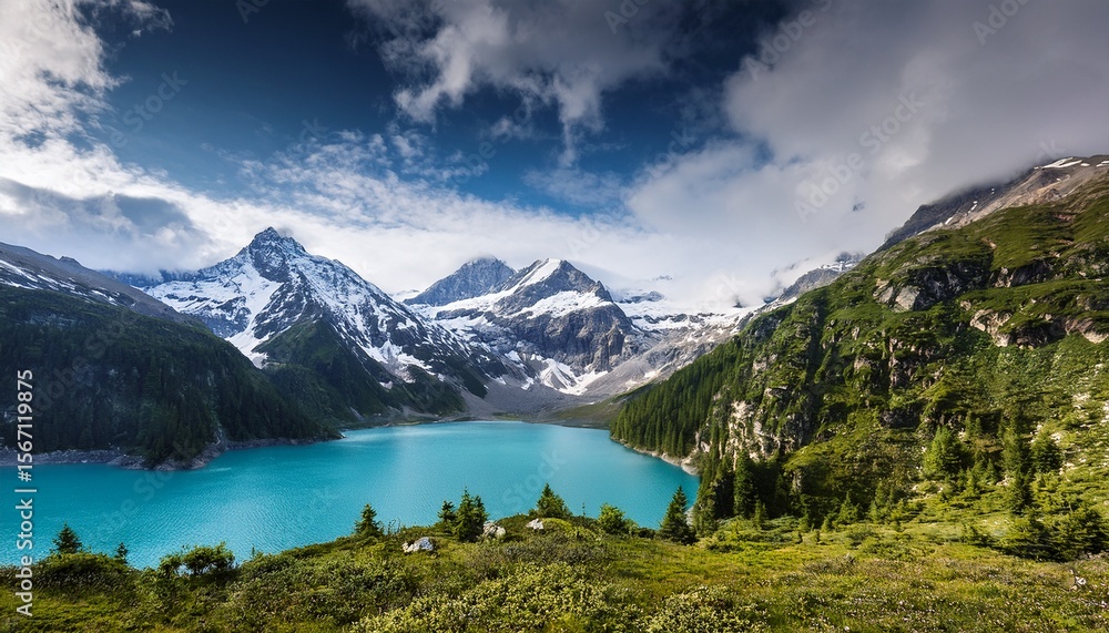 Fototapeta premium vibrant mountain landscape with snow capped peaks blue lake green forests and dramatic cloudy sky