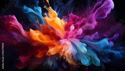 vibrant abstract explosion of colors with dynamic swirls and artistic blending in dark background ideal for creative projects and designs
