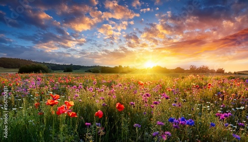 lush colorful wildflower field under a vibrant sky in early morning light with clouds