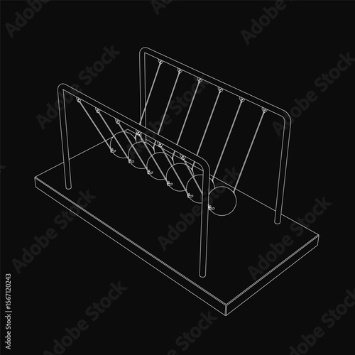 A black and white line drawing of a Newton's cradle with suspended balls on a rack, showcasing kinetic motion. The dark background enhances the mysterious and intriguing atmosphere of the pendulum.