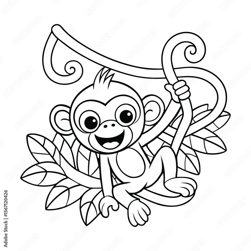 Obraz premium A monkey swinging on jungle vines cheerfully for kids coloring book vector illustration.