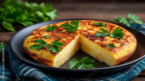 Side angle of a plate of tortilla espanola wedges with fresh parsley garnish, blurred cozy kitchen table