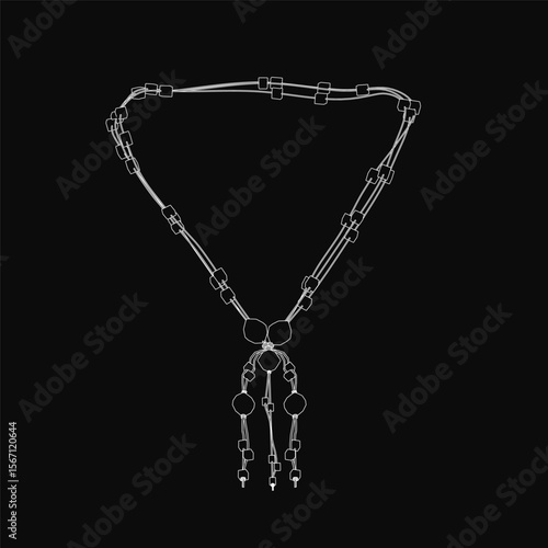 A black and white line drawing of a delicate necklace featuring a chain with a central locket and an elegant tassel. The design is clean and minimalist.