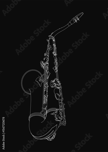 Saxophone drawn in clean line art style stands out against a black background. The white details of the instrument create striking contrast. Perfect for music themes, posters.