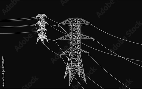 High voltage power lines stretch between tall, slender towers with connected wires creating a strong link. The black background contrasts sharply with the white lines, emphasizing their structure.