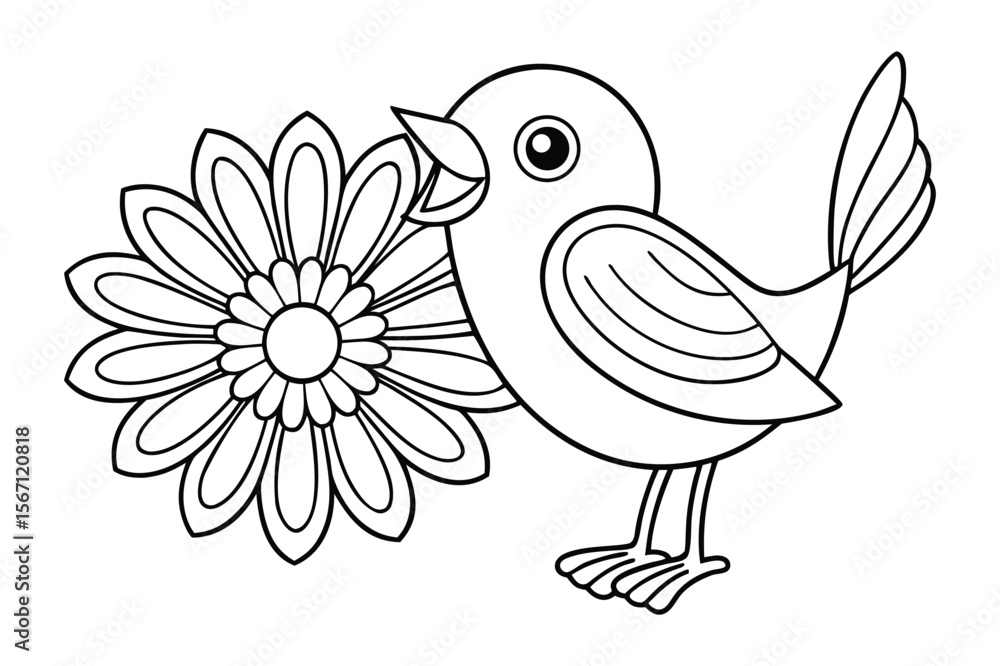 Fototapeta premium A singing bird perched next to a blooming daisy flower for kids coloring book vector illustration.