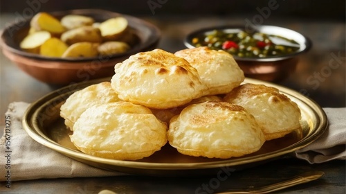 Delicious luchi bengali food served on plate with aloo sabzi and chutney indian cuisine