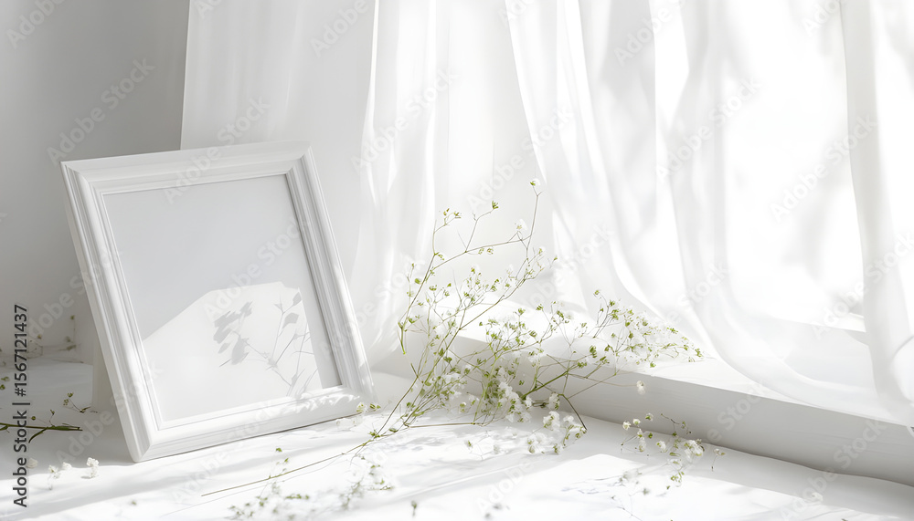 Picture frame near window with candle in the morning