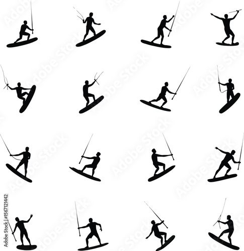 Twelve silhouettes of wakeboarders performing various tricks