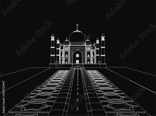 Taj Mahal stands in elegant black and white, its intricate architectural details sharply defined against a dark background. The contrast highlights the domes, minarets, and ornate carvings.