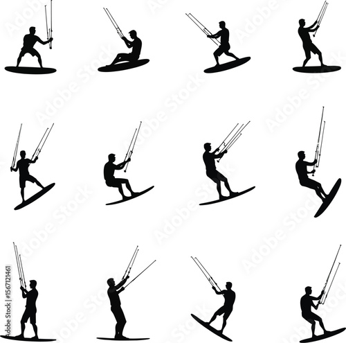 Twelve kiteboarding silhouettes action poses water sports extreme sports