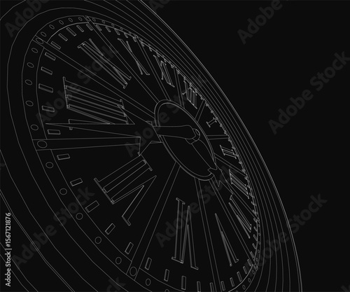 A vintage black and white clock with roman numerals stands out against a dark background. The detailed clock face features clear hour and minute hands, evoking a classic, timeless aesthetic.