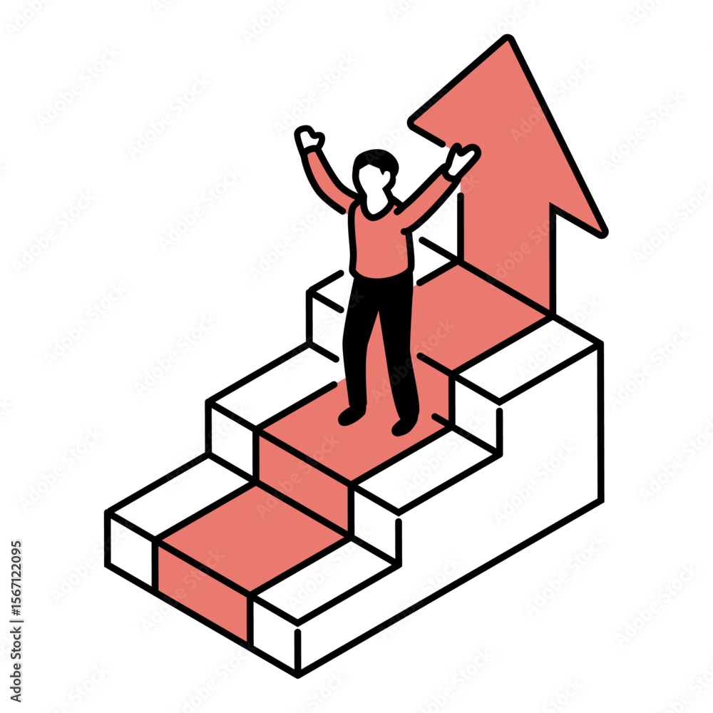 Success and Career Growth Concept – Person Climbing Stairs with Upward Arrow Success and Career Growth Concept – Person Climbing Stairs with Upward Arrow
