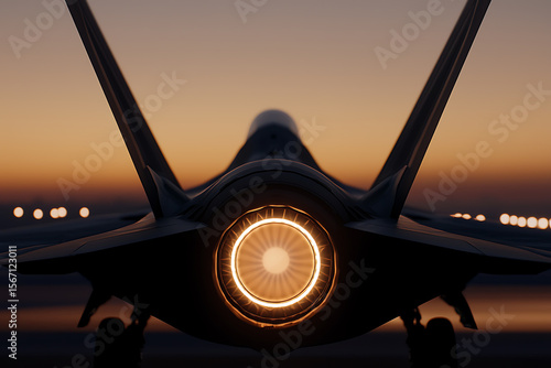 Rear view of a military jet aircraft with its engine glowing bright, set against a vibrant orange and pink sky at dawn or dusk on an airfield.