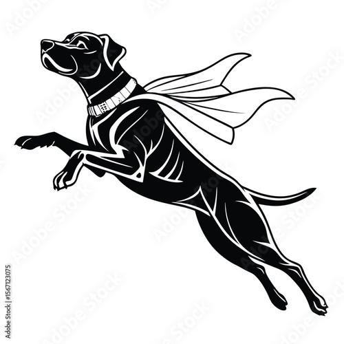 Dynamic Black and White Illustration of a Dog Leaping with Cape Exuding Energy and Determination Canine Super Hero