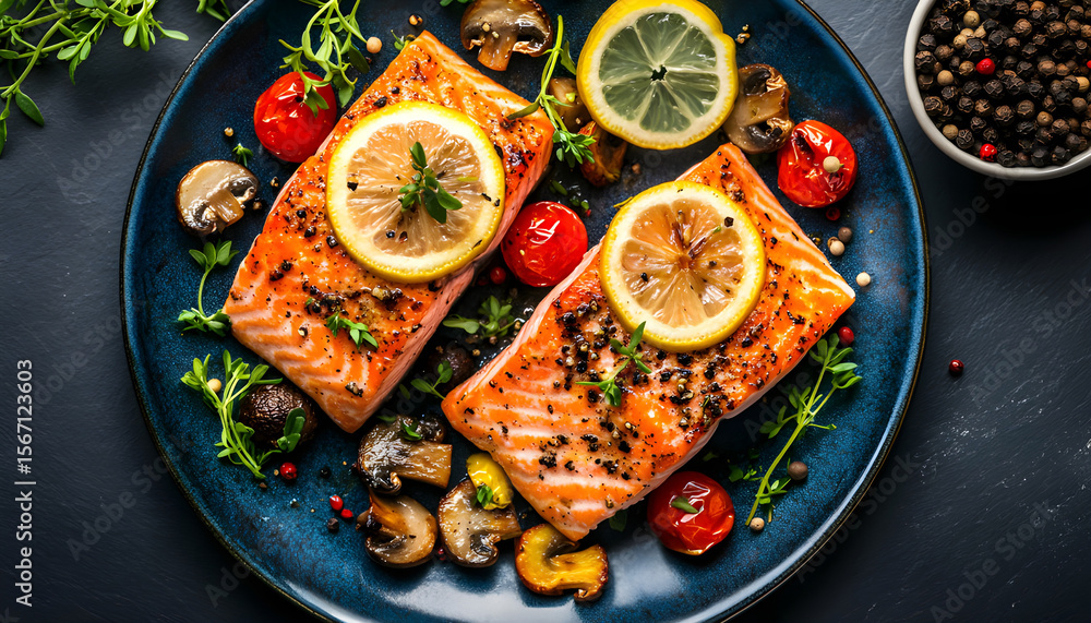 Baked salmon fish fillet with tomatoes, mushrooms and spices. Diet menu. Top view. Flat lay Baked salmon fish fillet with tomatoes, mushrooms and spices. Diet menu. Top view. Flat lay