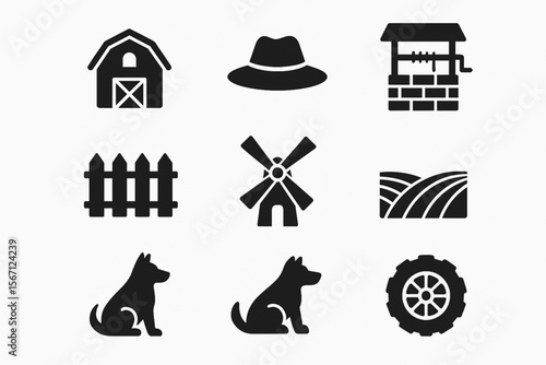 Rural Farming Solid Icon Set – Agriculture and Countryside Vector Symbols on White Background