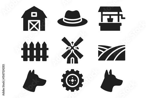 Rural Farming Solid Icon Set – Agriculture and Countryside Vector Symbols on White Background