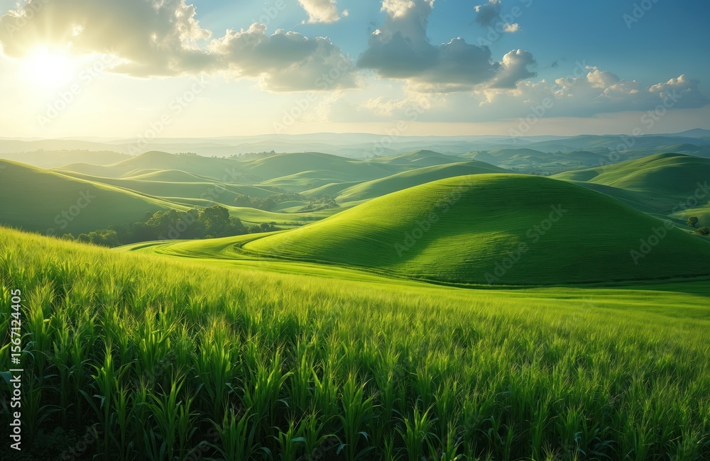 Fototapeta premium Rolling green hills covered vibrant crops under blue sky with fluffy clouds. Summer morning sun lights scenic rural landscape. Agriculture farmland crop view, nature, horizon.