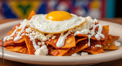 Close up of chilaquiles with a fried egg and queso fresco on a white plate with colorful background